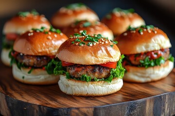 A serving of mini slider buns, perfect for sandwiches, displayed on a wooden platter