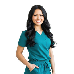 Fototapeta premium A professional young woman wearing teal scrubs smiling confidently with her hand in her pocket isolated on transparent background