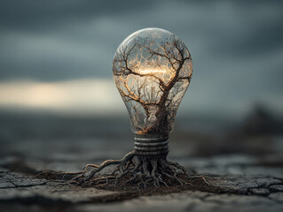 Creative light bulb with a tree inside and roots extending into the ground