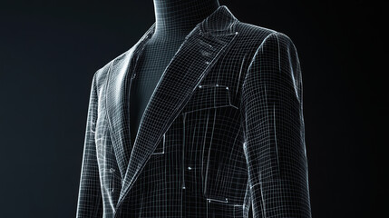 Stylish jacket design in wireframe format displayed on mannequin, showcasing intricate details and modern aesthetics. visual representation highlights creativity and innovation in fashion