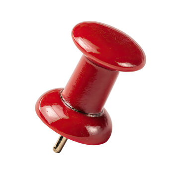 Close-up of a vibrant red push pin.  The pinhead is a smooth, glossy sphere, while the shaft tapers to a pointed end.  Solid color, isolated against a black background