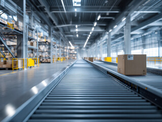Fototapeta premium Modern warehouse with a conveyor belt and moving boxes for logistics and storage
