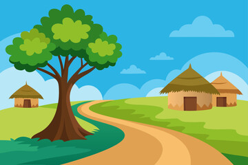 Cartoon vector illustration of a rural landscape with a farmhouse, a road, a green field, and trees under a sunny sky