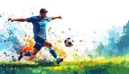 Soccer player in action, vibrant splash art background