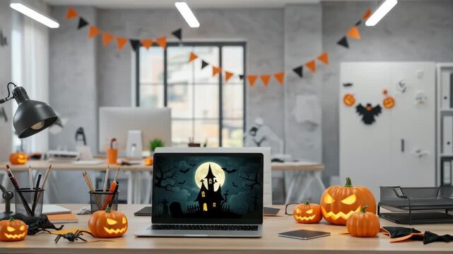 Halloween Office Decor with Laptop - A modern office space is decorated for Halloween with orange and black bunting, carved pumpkins, and a laptop displaying a spooky Halloween video.
