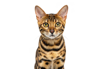 Bengal cat face with striking eyes isolated on transparent background