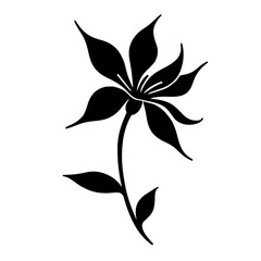 Minimalist black silhouette of a columbine flower with spurred petals on white background