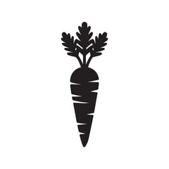 Carrot vector silhouette icon illustration showing a fresh orange vegetable with green leaves in a simple cartoon style
