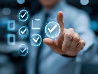 businessman with Approve or Reject Digital Interface in Workspace, Business Decision-Making Processes, Validation Tools, Efficient Process Control and Collaborative Workflow Management.