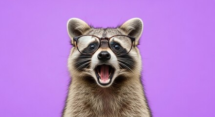 Surprised Raccoon Wearing Glasses Against Purple Background