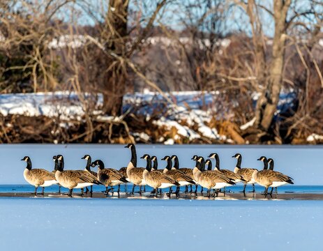 Canada geese on a frozen river