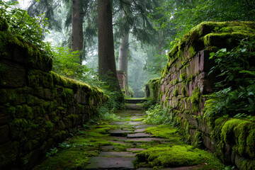 Serene moss-covered stone pathway through a lush, misty forest