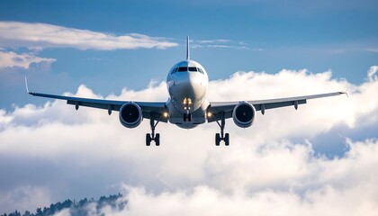Obraz premium Airplane descending through fluffy clouds