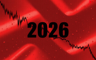 Economic forecast for year 2026 with declining graph on red background
