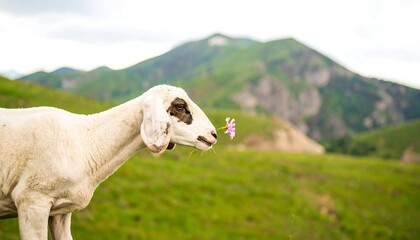 Naklejka premium Sheep sniffing flower in meadow landscape