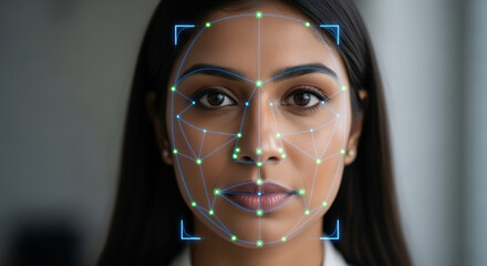 A captivating close-up of a woman's face overlaid with facial recognition technology, highlighting digital identification. The woman gazes at the viewer, showcasing both technology and human identity