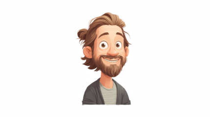 Cheerful Man Cartoon Portrait with Beard, Bun, and Gray Sweater Isolated on White Background Smiling Happily.