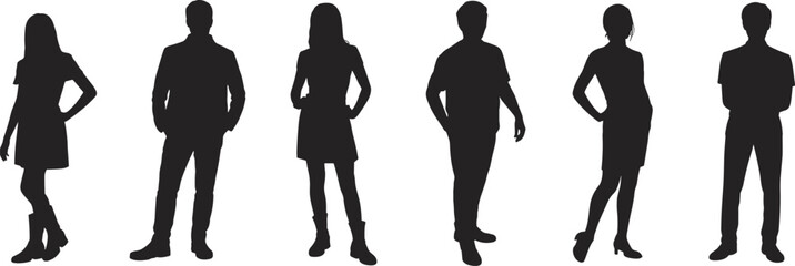 Modern silhouette collection of men and women standing in casual fashion poses, isolated vector clipart for design, branding, or presentation.