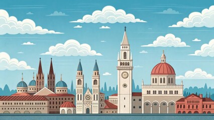 European city skyline with tall spires and domes