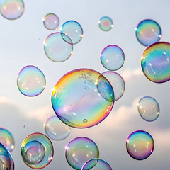 floating soap bubbles with rainbow reflection wh