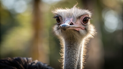 Black ostrich close up portrait with detailed feathers and expressive eyes in natural outdoor environment with soft background light