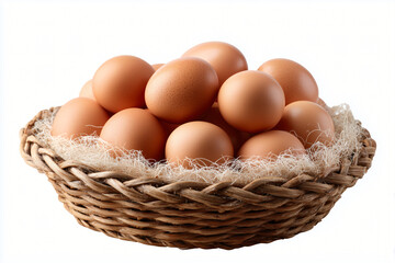 A wicker basket filled with a dozen fresh brown eggs, ready for cooking