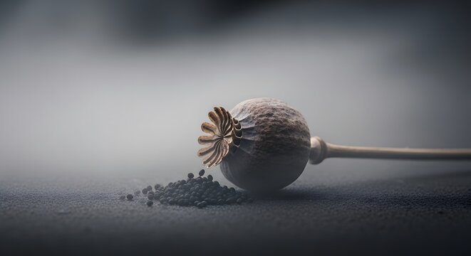 A close-up shot of a poppy seed pod and its seeds with dark and moody background, evokes a sense of mystery and contemplation.