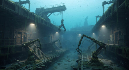 An eerie, futuristic underwater scene of a flooded, abandoned industrial facility with decaying robotic arms.