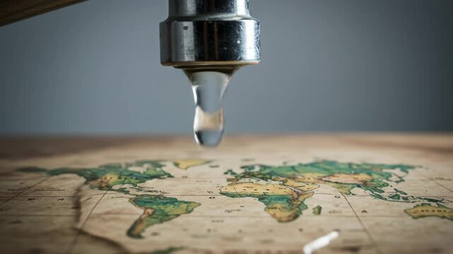 Global Water Crisis: A Single Drop - A single drop of water falls from a faucet onto an antique world map, symbolizing the scarcity of water resources worldwide.