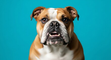 Obraz premium Adorable Brown and White Bulldog Puppy Against Teal Background