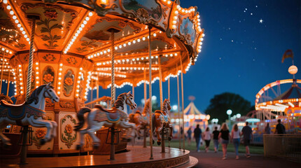 Spinning Carousel with Bright Orange Lights at Night