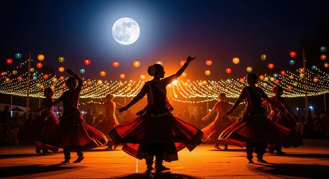 Garba Dance Silhouettes Under Full Moon – Navratri Festival Night Scene - Powered by Adobe