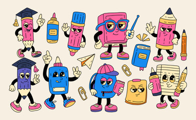 Back to School Vintage Retro Mascot Character Education Supplies Cartoon Vector Set Stationery