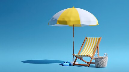 summer vacation concept with beach chair,umbrella and summer elements on blue background