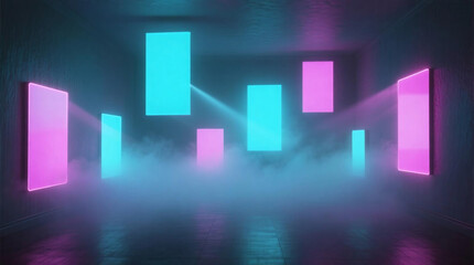 Neon Glowing Rectangles in a Foggy room