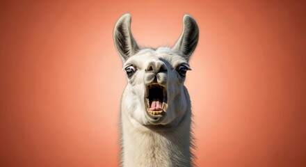 Obraz premium Funny portrait of a surprised white llama with its mouth wide open against a coral background.
