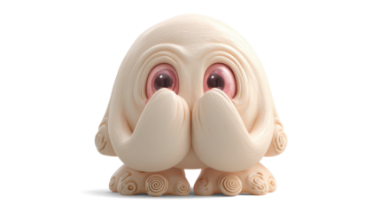 A bashful cartoon-style cream-colored alien peeking out from behind its own hands. Its blush-pink eyes hide partly behind its eyestalks. Its feet are close together, and spirals mark its knees