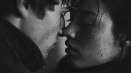 a man and a woman are kissing in black and white