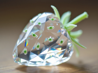 Image features a close-up of a crystal-like object shaped like a strawberry, resting on a wooden surface.