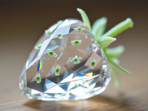 Image features a close-up of a crystal-like object shaped like a strawberry, resting on a wooden surface.
