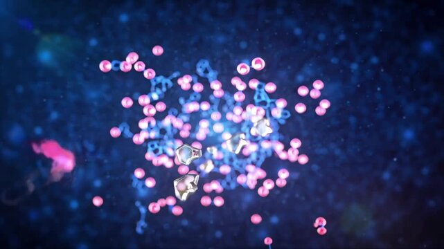 A glowing digital animation of bouncing molecules forming compounds in a vibrant virtual space.