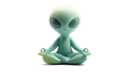 calm cartoon-style pale green alien meditating in a cross-legged pose