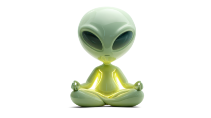 calm cartoon-style pale green alien meditating in a cross-legged pose