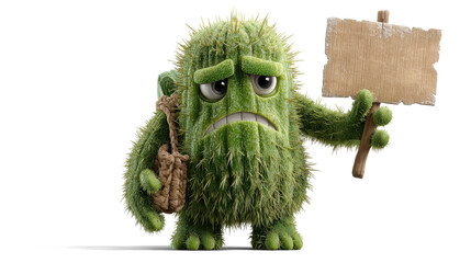 cheerful cartoon-style alien holding a white cardboard sign on white background.