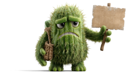 cheerful cartoon-style alien holding a white cardboard sign on white background.