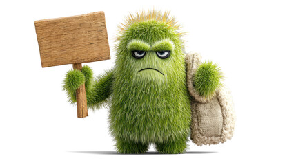 cheerful cartoon-style alien holding a white cardboard sign on white background.