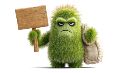 cheerful cartoon-style alien holding a white cardboard sign on white background.