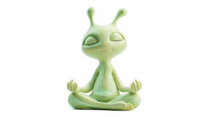calm cartoon-style pale green alien meditating in a cross-legged pose