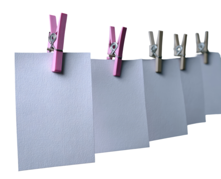 Blank white papers, various colors of clothespins