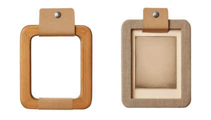 Two square picture frames, light brown wood, tan leather straps